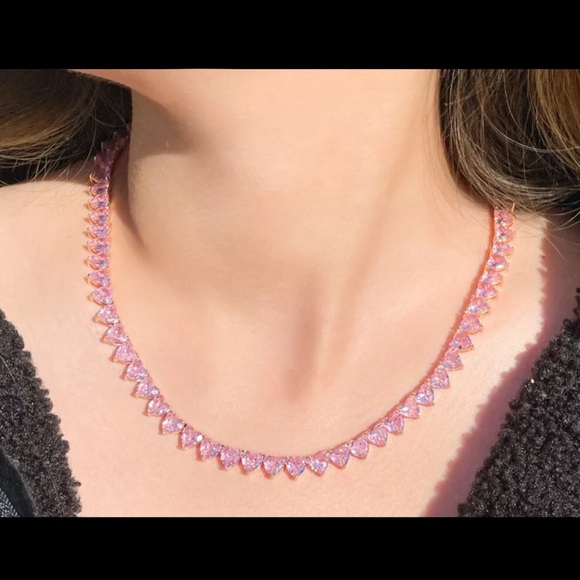 14k ROSE GOLD PLATED heart TENNIS NECKLACE - Picture 1 of 6